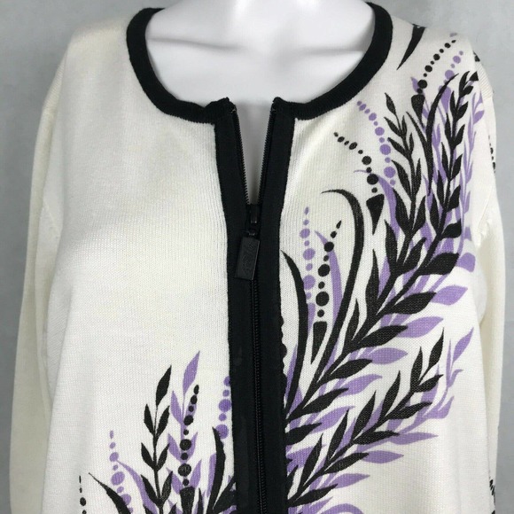 Bob Mackie Cardigan Women Sz S Cotton Blend White Purple Floral Full Zip Sweater - Picture 2 of 10